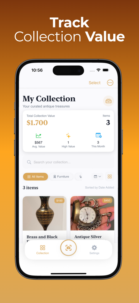 Antique Identifier by Photo - Interface do aplicativo Antique Identifier mostrando a tela Minha Coleção com o valor total estimado e itens vintage catalogados