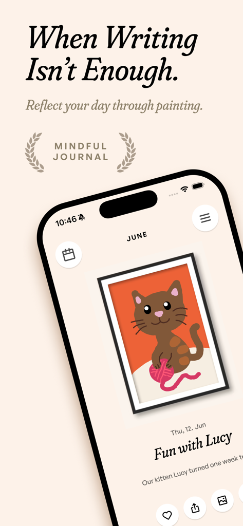 Paint My Day – Art Journal - Pantalla del iPhone que muestra una entrada de diario visual con una pintura enmarcada de un gatito marrón jugando con hilo