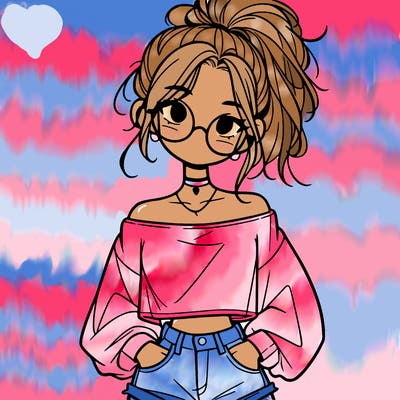 girl with a messy ponytail glasses a baggy crop top and jean shorts