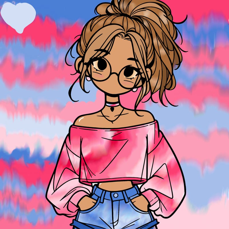 girl with a messy ponytail glasses a baggy crop top and jean shorts
