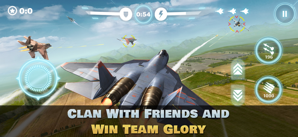 Ace Force: Joint Combat - A fighter jet engaging in aerial combat with clan members over green landscapes