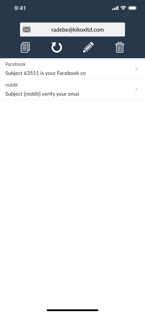 Temp Mail - anonymous email - Interface of Temp Mail app showing a temporary email address and an inbox with verification messages from Facebook and Reddit