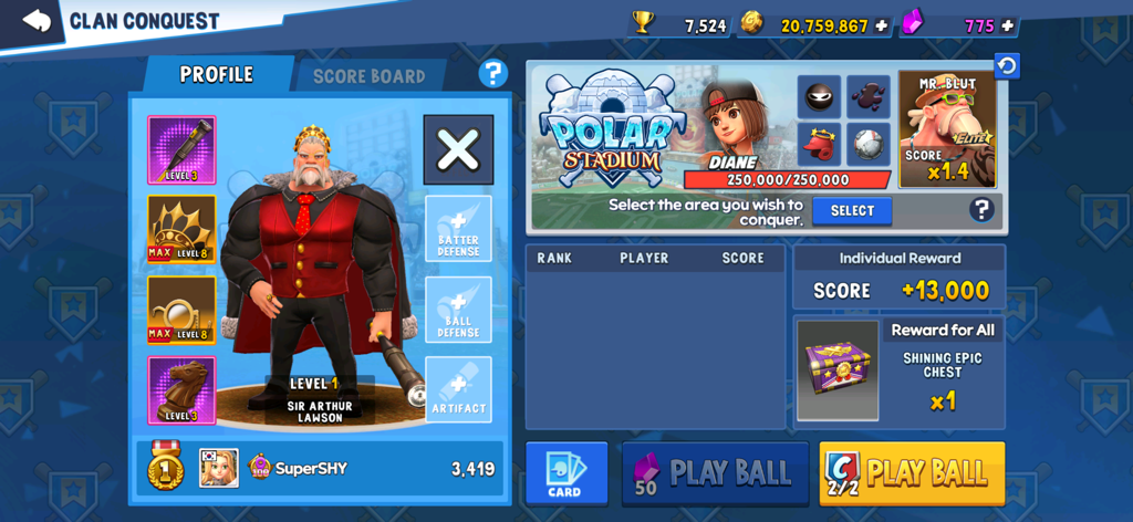 Homerun Clash - Homerun Clash Clan Conquest screen with character customization and rewards