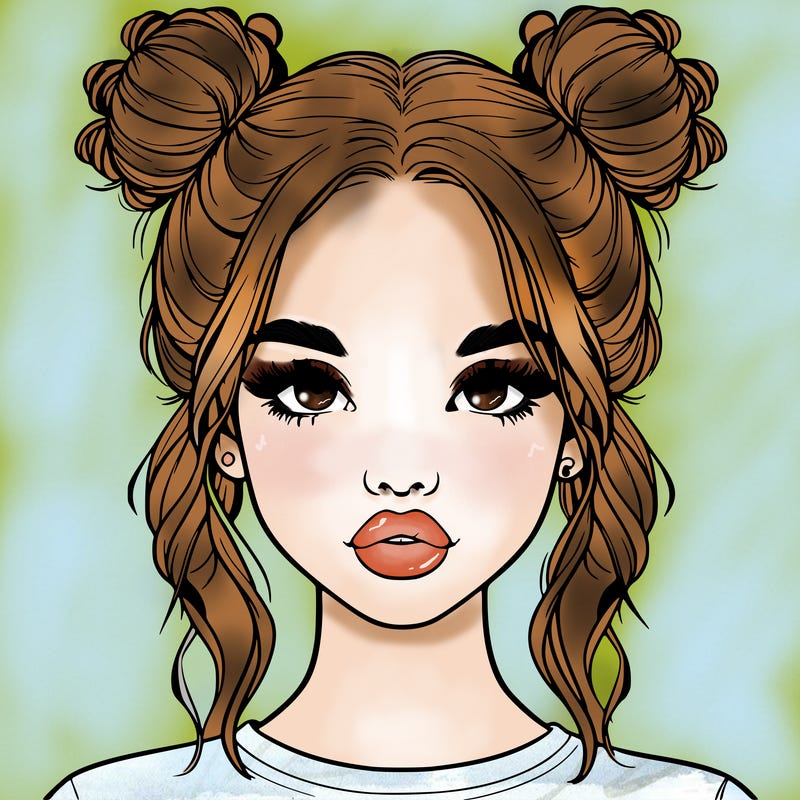 realistic girl with two buns in hair and lips