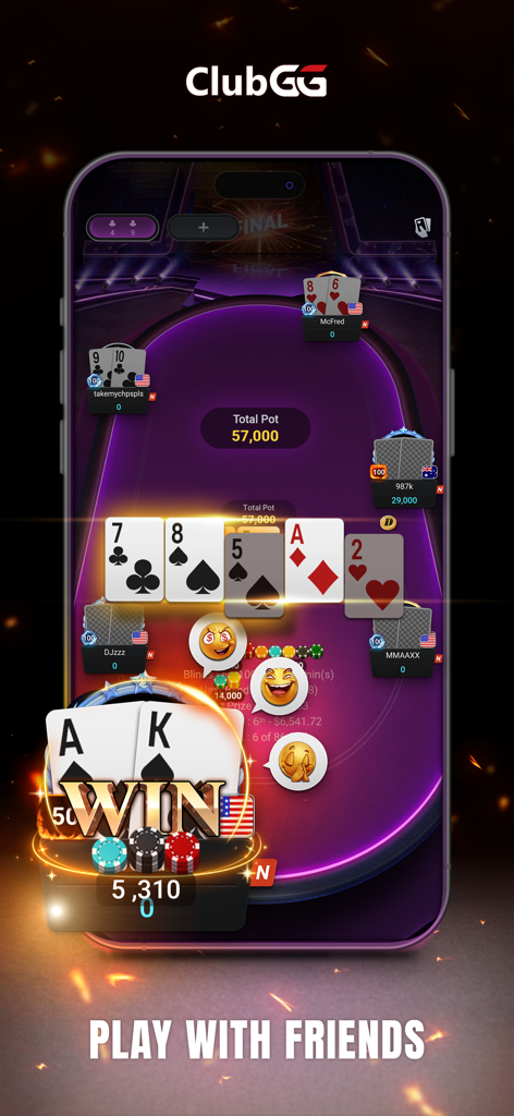 Interfaz de juego móvil de ClubGG Poker mostrando una mano ganadora en una mesa de póker digital con amigos.