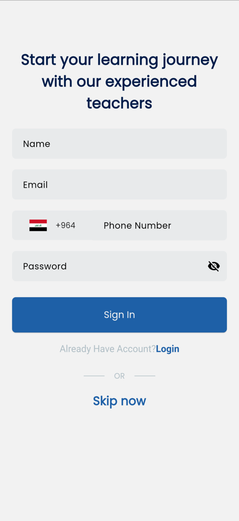 ZHYAR - Registration screen for the ZHYAR educational app showing fields for name email phone number and password