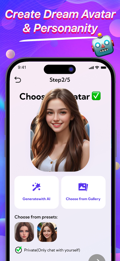 MeetAI：Chat with AI Friend - Interface de l'application MeetAI montrant comment créer un avatar de rêve et une personnalité pour un compagnon IA.