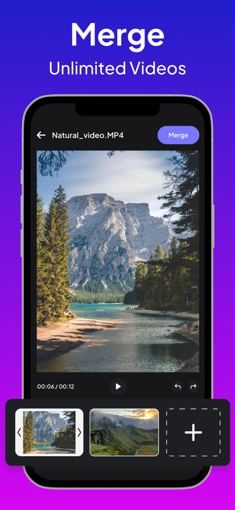 Video Downloader : Video Save - A smartphone interface showing the merge unlimited videos feature of the Video Downloader app with multiple nature clips selected.