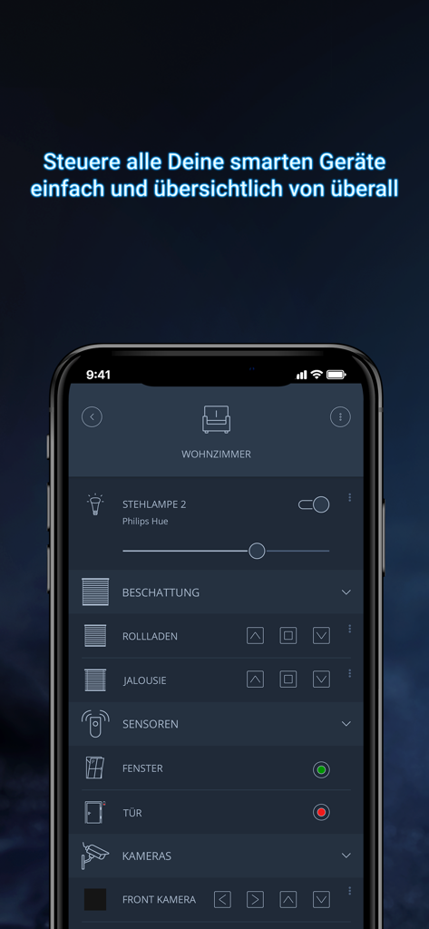 mediola IQONTROL NEO - mediola IQONTROL NEO smart home app interface showing living room controls for lighting shutters and security sensors