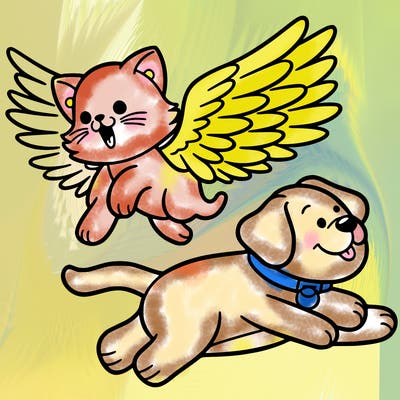 cat with wings flying alongside a dog with wings