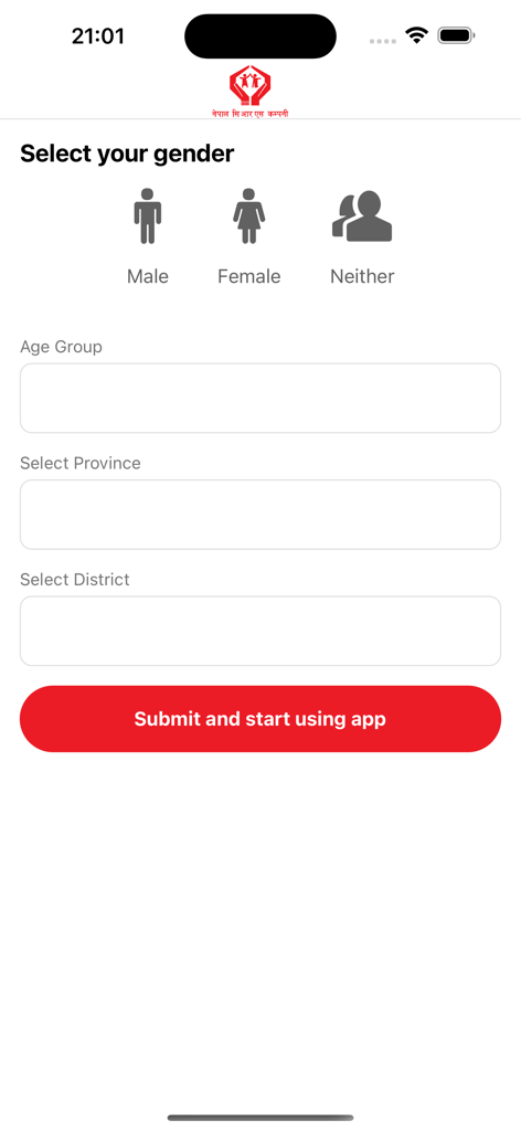 Meri Sangini - Pantalla de registro de usuario para la aplicación Meri Sangini que muestra la selección de género y los campos de ubicación