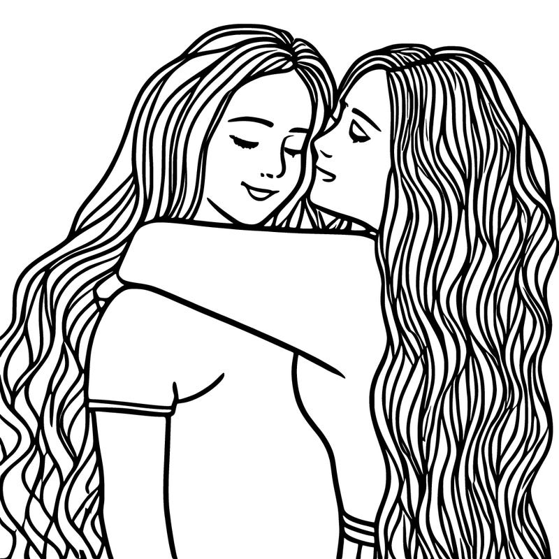 2 girls hugging long hair and curly hair