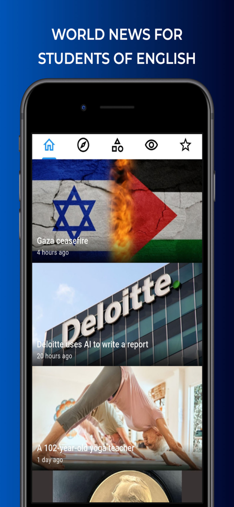 English News in Levels - Smartphone screen displaying the home feed of the English News in Levels app with global news articles for English learners.