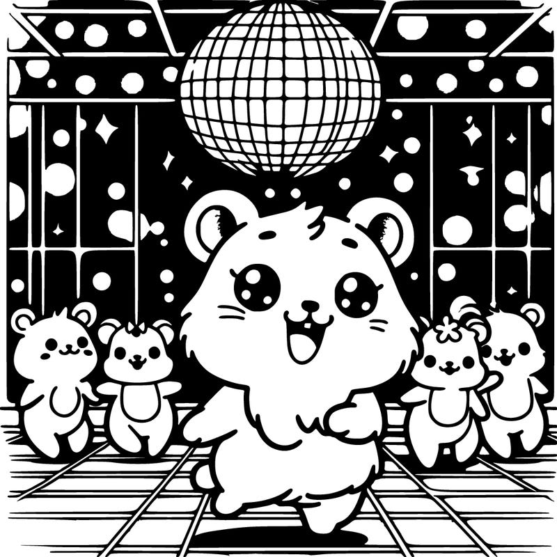 a cute and adobrable hamster having a dance party with friends in a disco ball-lit room coloring page --ar 9:16