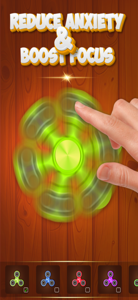 Fidget Master: Relaxing Games - A finger interacting with a spinning green fidget spinner in the Fidget Master app to reduce anxiety.