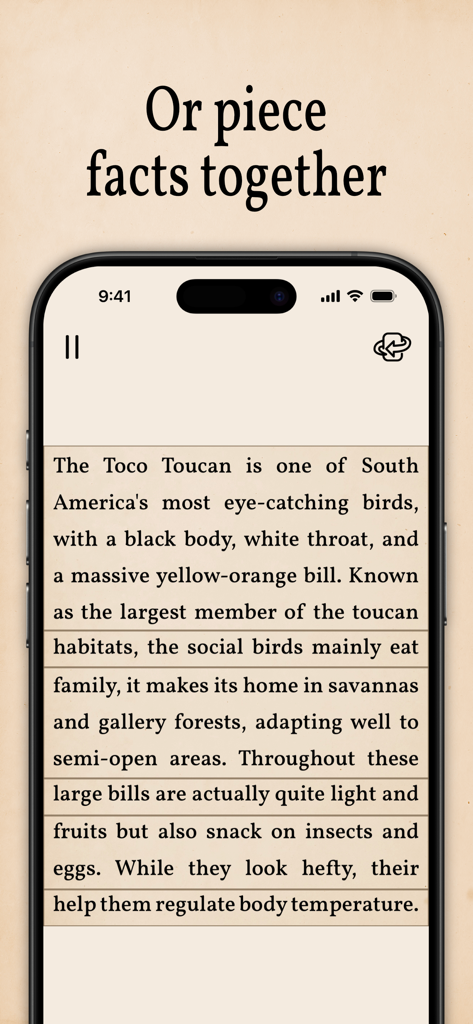 Art of Fauna: Cozy Puzzles - Mobile phone screen showing a text puzzle about the Toco Toucan with vintage typography.