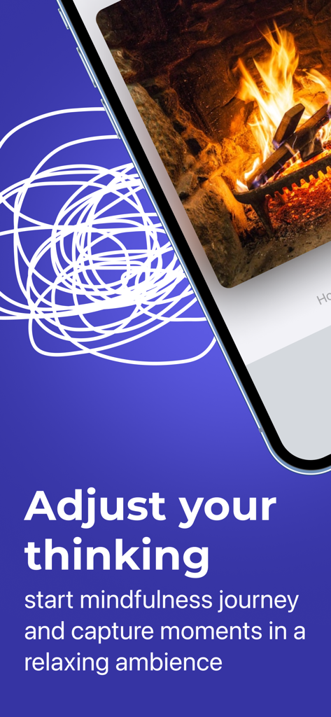 リラックスできる暖炉の画像と「思考を調整してマインドフルネスの旅を始めましょう」というテキストが表示されたセルフ・アーム・トラッカーアプリのスクリーンショット
