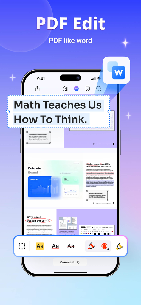 Uma tela de smartphone exibindo a interface do aplicativo PDFelement com ferramentas de edição de texto e anotação para PDFs.
