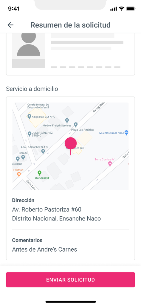 Ecrã de resumo da aplicação Amadita para um pedido de serviço de laboratório ao domicílio, incluindo um mapa e detalhes do endereço