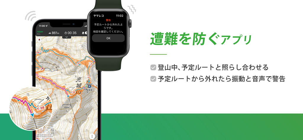 ヤマレコ　山登りがもっと楽しくなる登山アプリ - Smartphone y Apple Watch mostrando un mapa topográfico de senderismo y una notificación de advertencia de seguridad por desvío de ruta