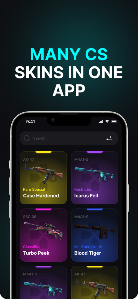 СStrike Skins - Mobile app interface of CStrike Skins showing a gallery of Counter-Strike weapon skins including AK-47 and M4A1-S with rarity levels.