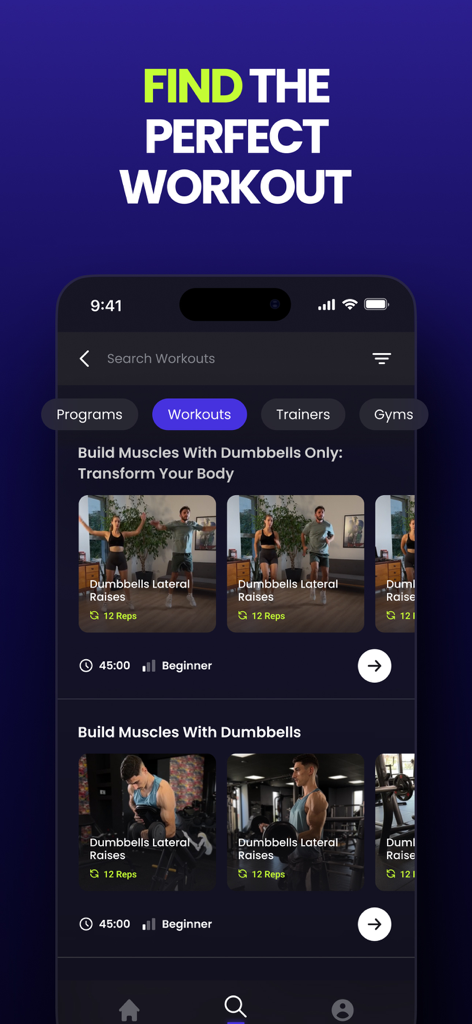 Onemor: Workout & Fitness App - Captura de pantalla de la interfaz de búsqueda de la app de fitness Onemor que muestra programas de entrenamiento para desarrollo muscular con mancuernas y previsualizaciones de video.