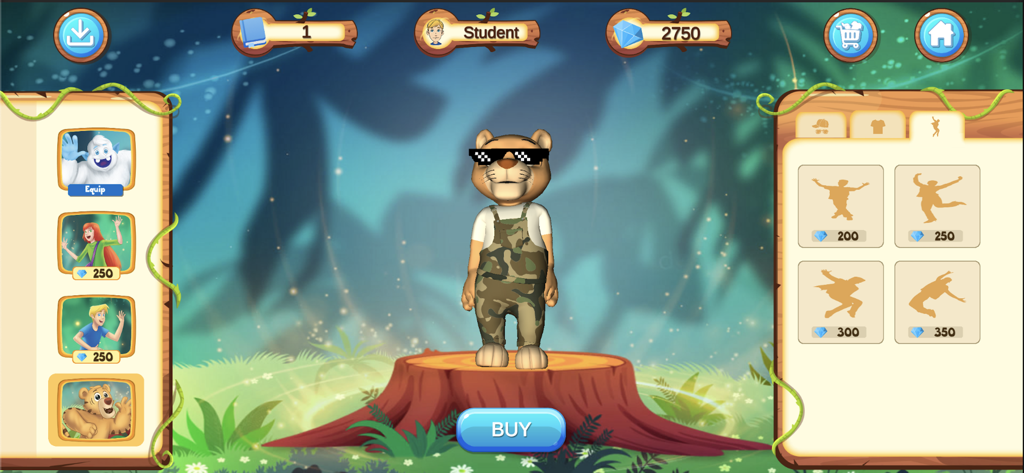 Yeti Primary 1 - Character customization screen in the Yeti Primary 1 app showing an avatar and a dance move shop