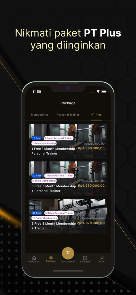 Nest Gym - Nest Gym mobile app displaying PT Plus personal training and membership packages.