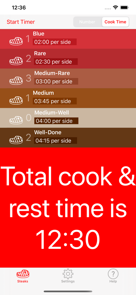 Steak Timer Pro - App interface showing steak doneness levels and total cooking and resting time