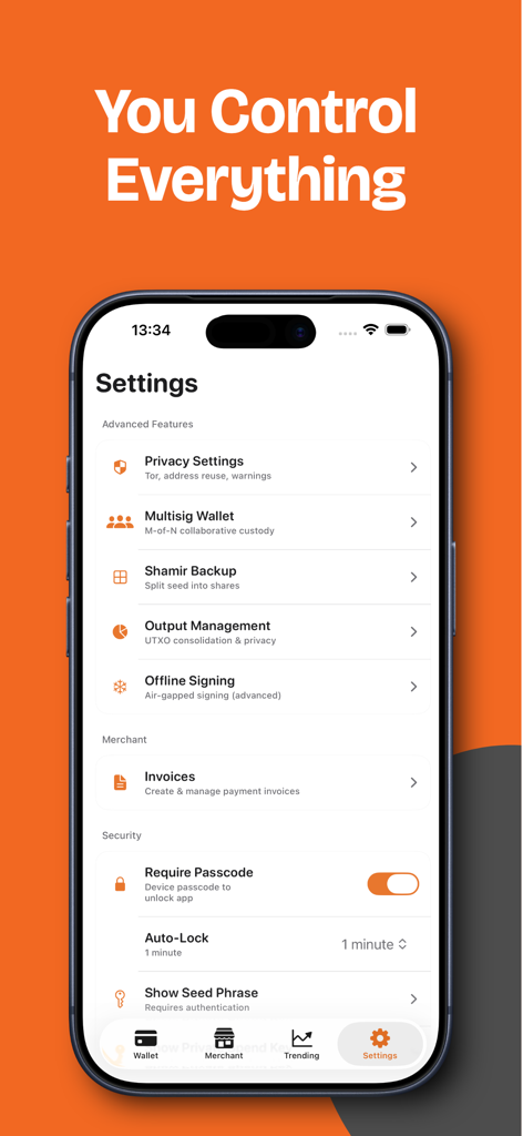 Monero Wallet - XMR & Crypto - Schermata delle impostazioni dell'app Monero Wallet che visualizza opzioni avanzate di privacy e sicurezza come la firma offline e il backup Shamir