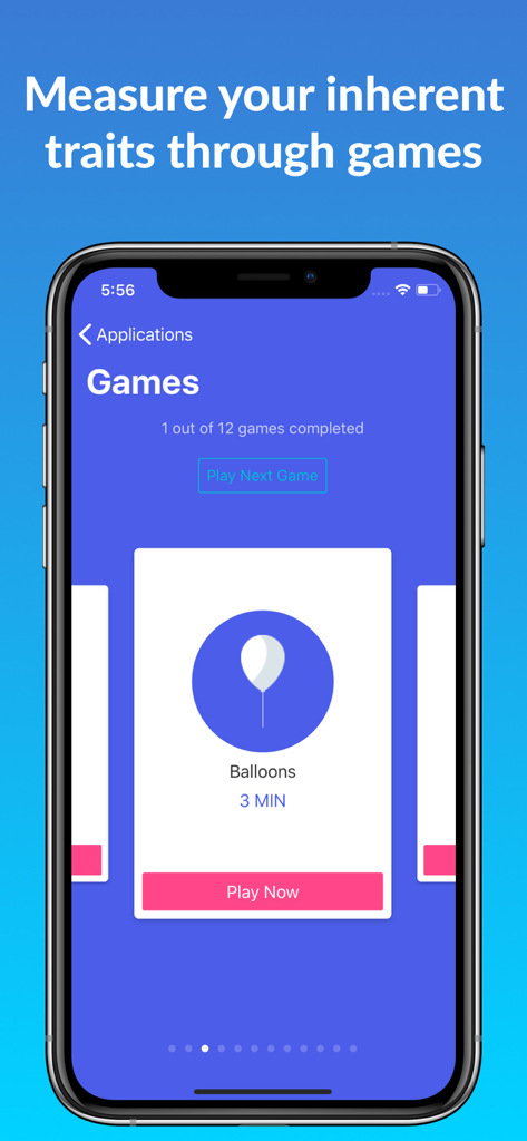 pymetrics - Smartphone screen displaying the pymetrics app showing a gamified trait assessment titled Balloons.