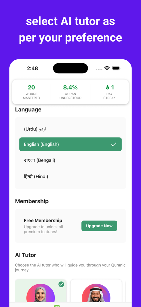 Qurania: Learn Quran with AI - User interface of the Qurania app showing learning progress statistics, language selection for English, and options to choose an AI tutor avatar.