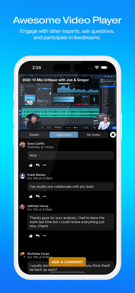 MyPreSonus - コミュニティコメントとライブストリームミックスレビューを備えたMyPreSonusアプリビデオプレーヤー