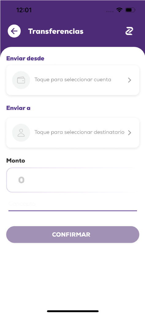 Zeta - 계좌 선택, 수신자, 금액 필드가 있는 송금용 Zeta 모바일 은행 앱 화면