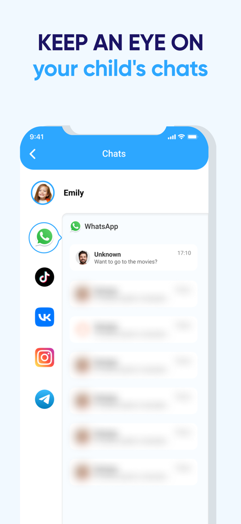 Mobile app interface allowing parents to monitor their child's social media messages and chat activity
