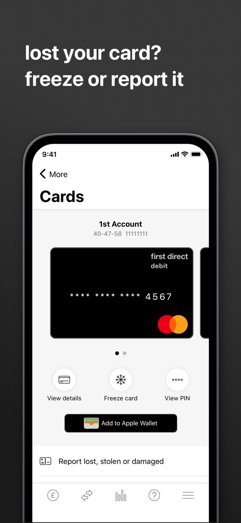 first direct - Pantalla de la app de First Direct para administrar tarjetas de débito con opciones para congelar o reportar una tarjeta perdida.