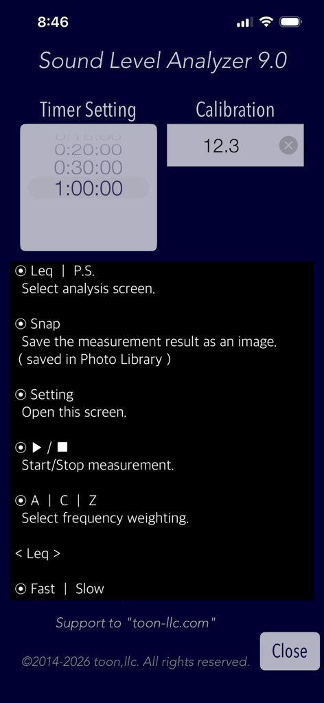 Sound Level Analyzer - Menu Paramètres de l'application Analyseur de niveau sonore affichant les commandes d'étalonnage et de minuterie.