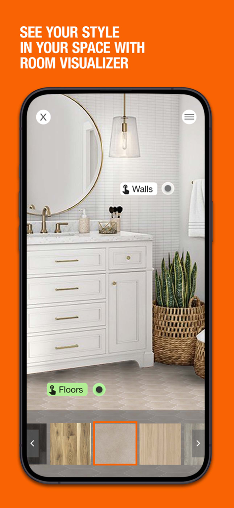 Home Depot app Room Visualizer feature showing a bathroom with different flooring and wall tile options