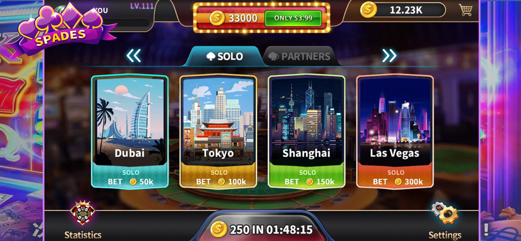 Spades - offline card games. - Spades card game menu showing solo mode options for Dubai Tokyo Shanghai and Las Vegas