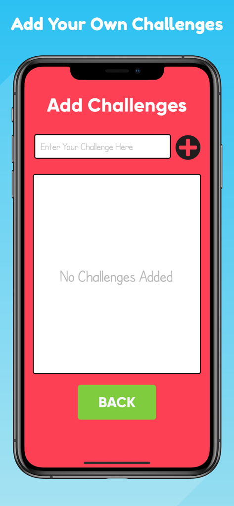 7 Second Challenge: Party Game - The screen in the 7 Second Challenge app where players can enter and add their own custom party game challenges.