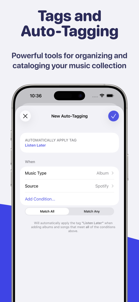 MusicBox: Catalog and Organize - Captura de pantalla de la aplicación MusicBox que muestra la interfaz para crear etiquetas automáticas y reglas de organización para una biblioteca de música.