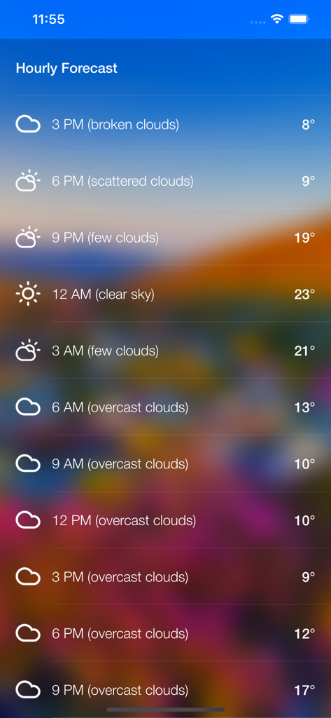 Local Meteo - weather live - Hourly weather forecast screen showing sky conditions and temperatures over a blurred colorful background