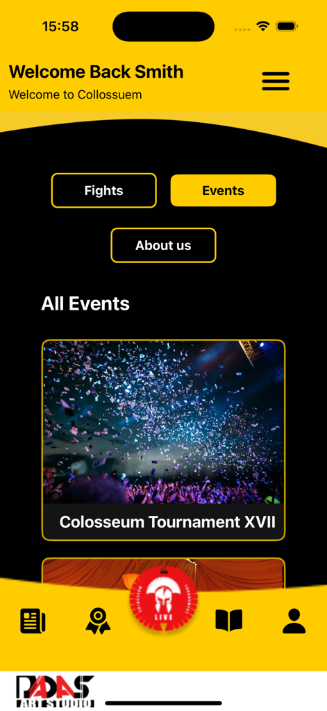 The events page of the Colosseum Kickboxing Live app displaying a list of tournaments and a bottom navigation menu.