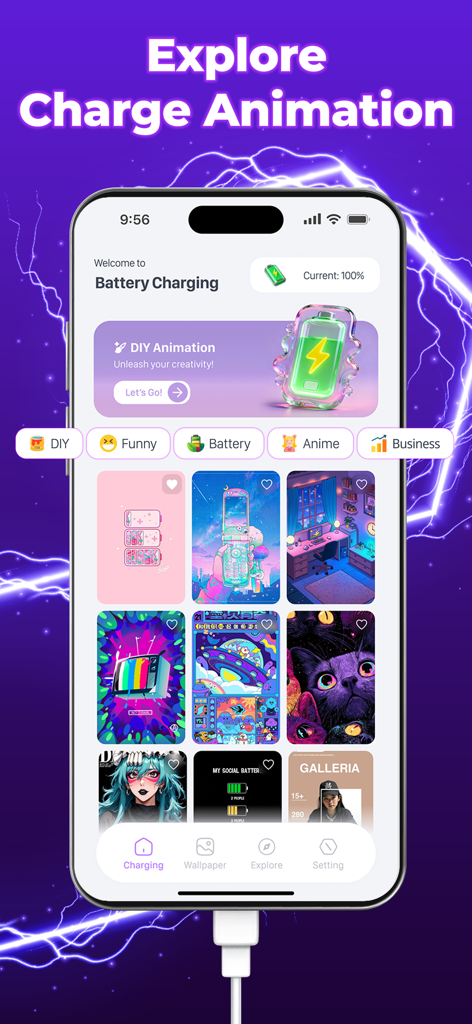 3D Charging Effect Wallpaper - A mobile app interface displaying a variety of 3D charging animation themes and a DIY customization menu.