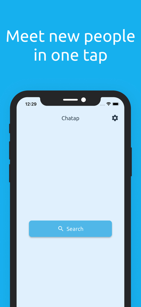 Chatap 모바일 앱 홈 화면, 큰 검색 버튼과 '한 번의 탭으로 새로운 사람 만나기'라는 헤더가 보임