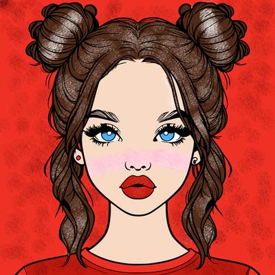 realistic girl with two buns in hair and lips