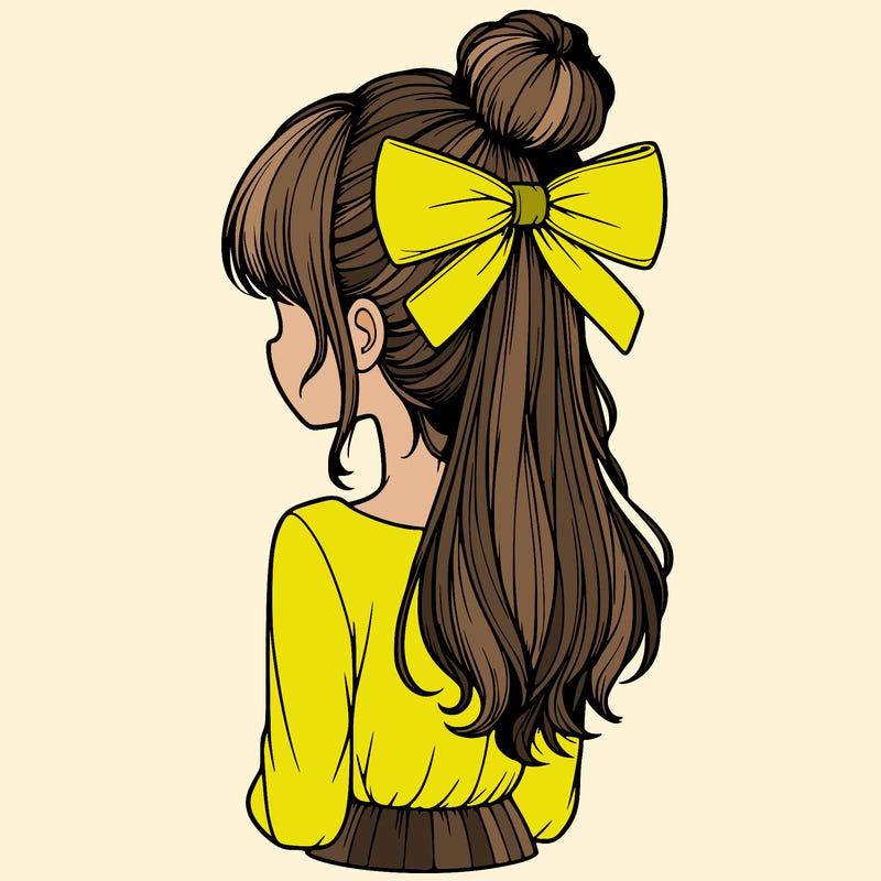 realistic girl  with hip length hair a bun and a big bow on the back of head