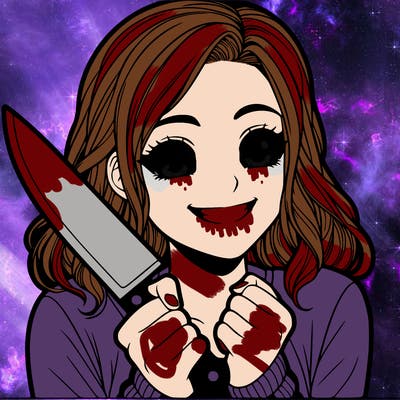 a realistic girl holding a knife and grinning