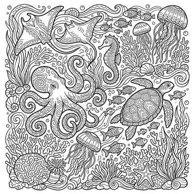 Explore the depths with this captivating abstract marine life coloring page, filled with beautifully detailed sea creatures and underwater flora. Perfect for ocean lovers of all ages looking for a relaxing and engaging artistic escape.