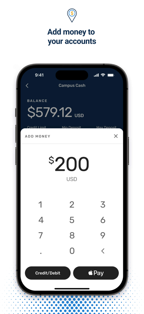 Transact eAccounts - Interface for adding money to a campus cash account within the Transact eAccounts mobile app.